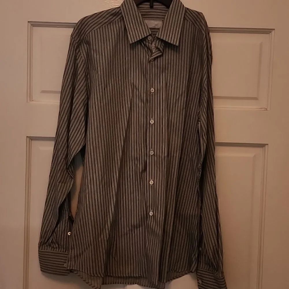 Prada Mens Medium 42 16.5 Navy Gray Striped Dress Shirt EUC